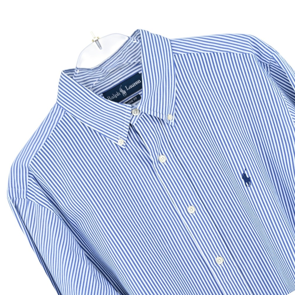 Polo Ralph Lauren Mens 16.5 34/35 Blue White Striped Cotton Classic Fit Shirt